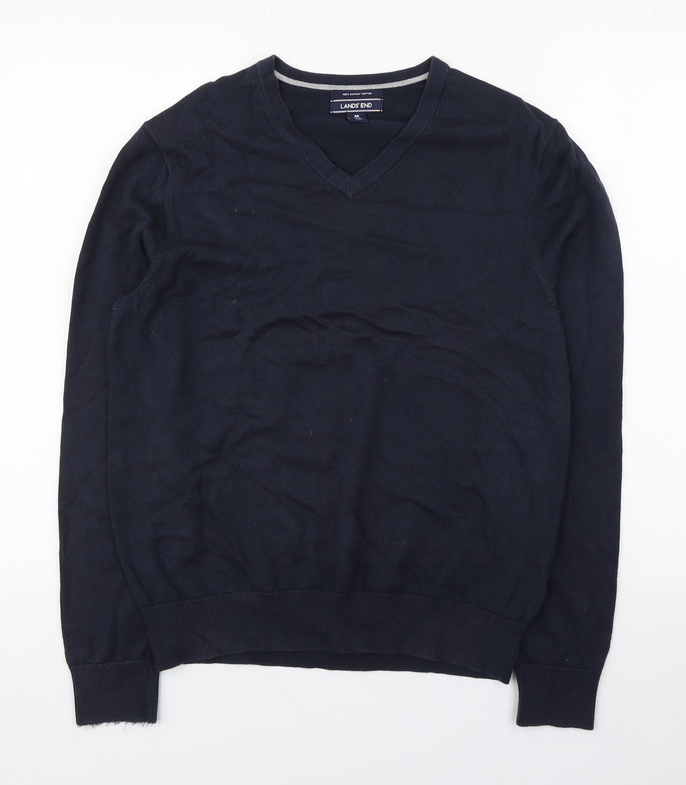 Lands' End Mens Blue V-Neck  Cotton Pullover Jumper Size M