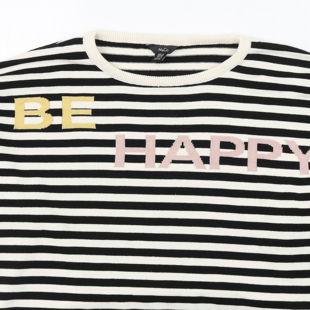 M&Co Womens Black Round Neck Striped Polyester Pullover Jumper Size 14