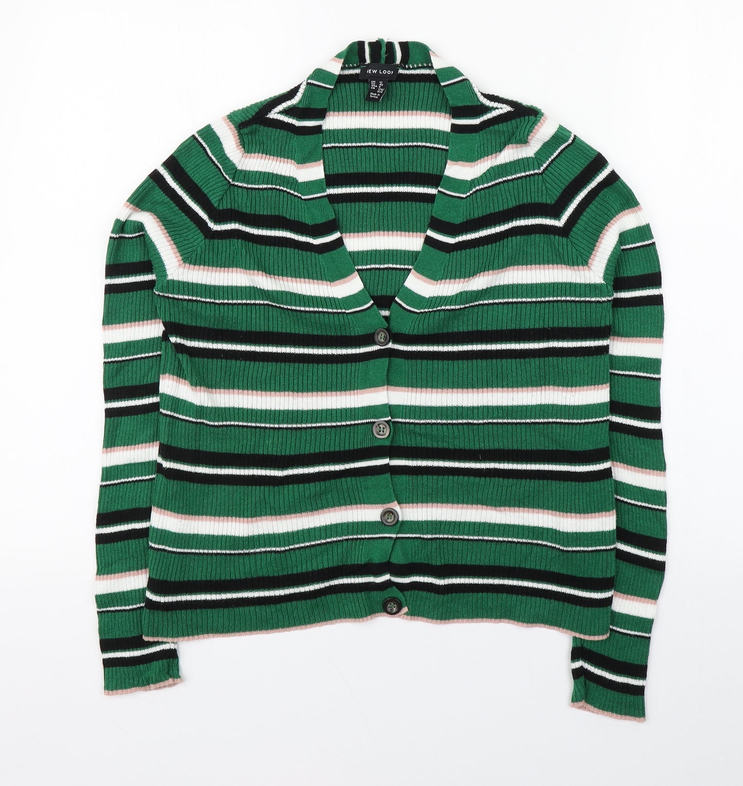 New Look Girls Green V-Neck Striped Acrylic Cardigan Jumper Size 12 Years  Button
