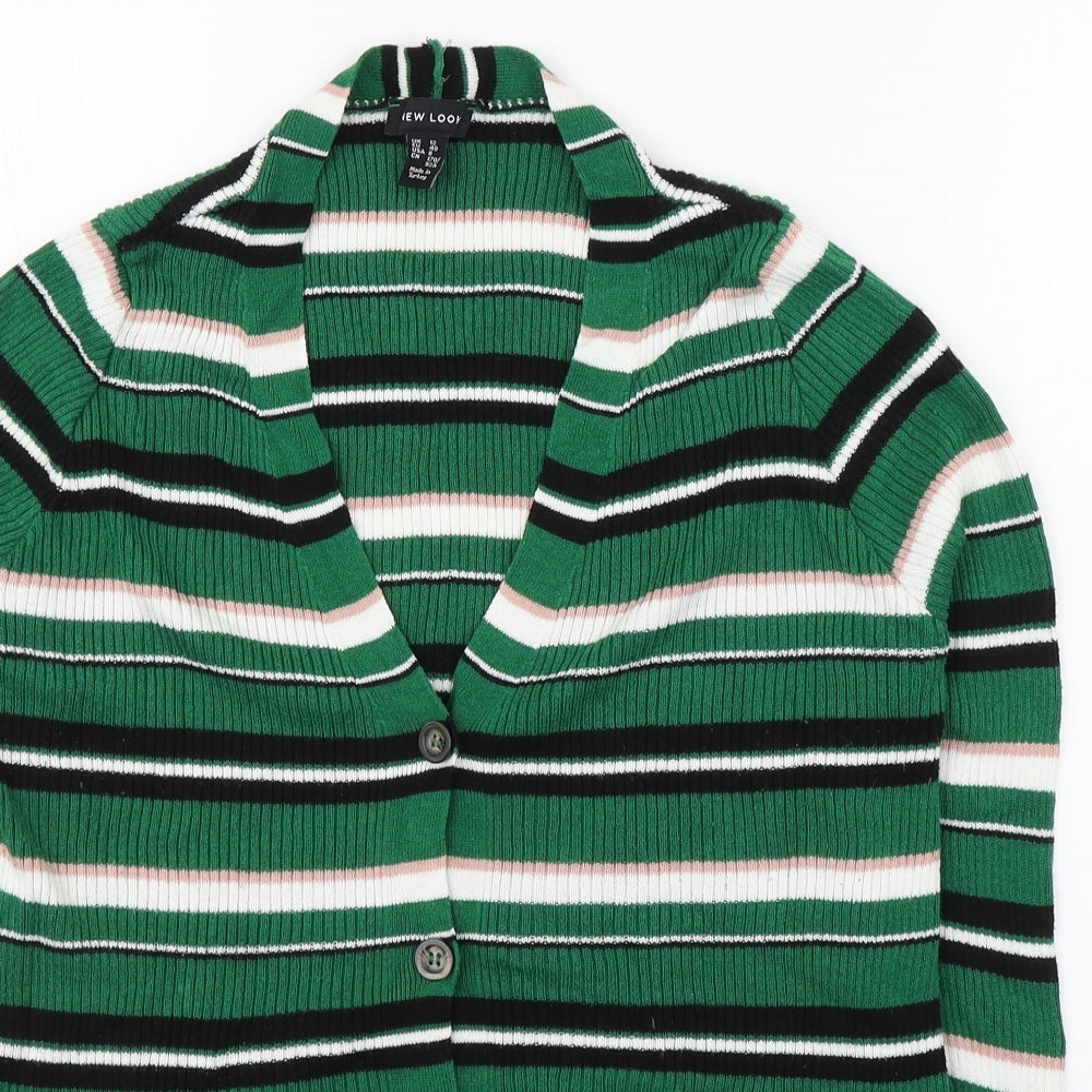 New Look Girls Green V-Neck Striped Acrylic Cardigan Jumper Size 12 Years  Button