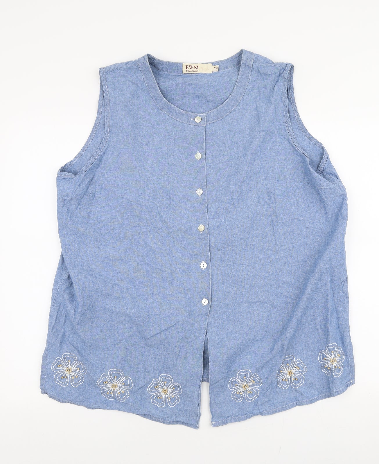 EWM Womens Blue Floral 100% Cotton Basic Blouse Size 22 Round Neck