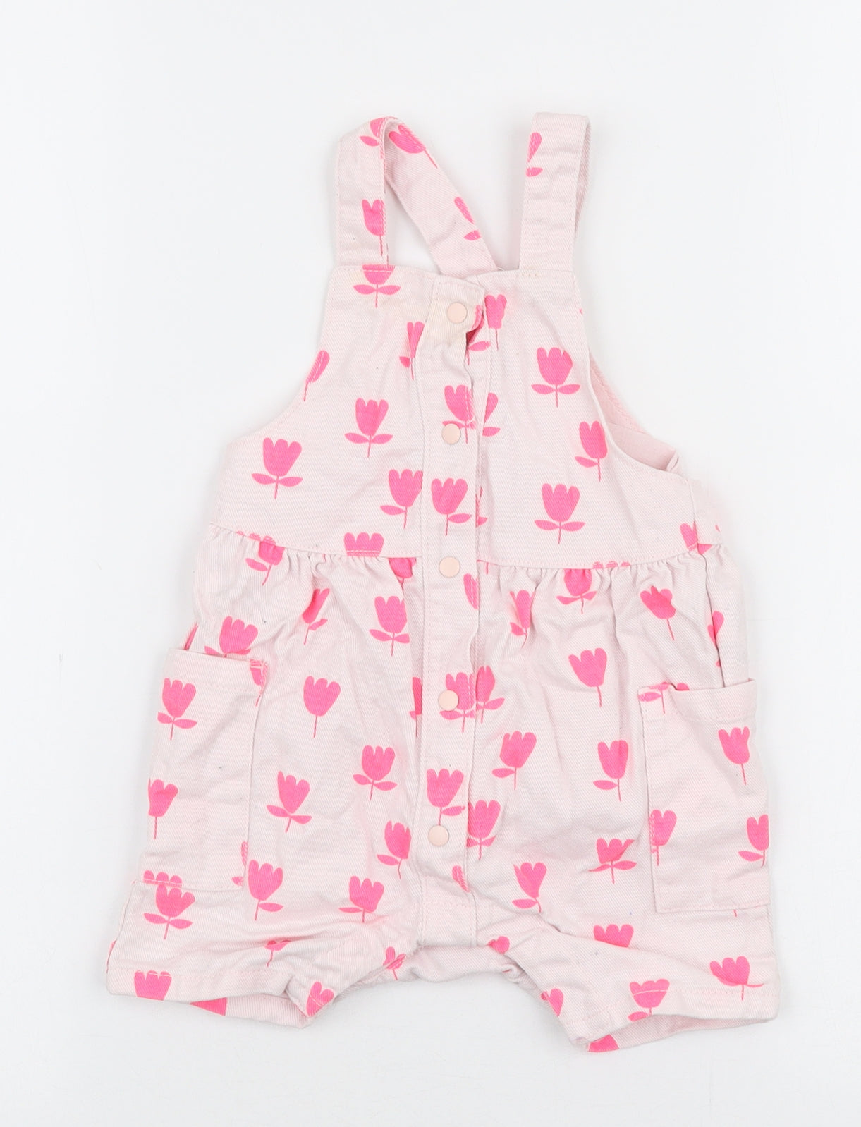 Marks and Spencer Girls Pink Floral 100% Cotton Dungaree One-Piece Size 6-9 Months  Snap
