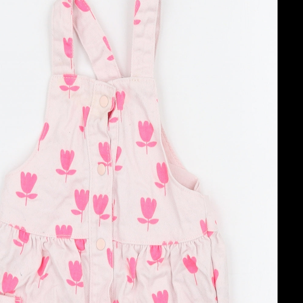 Marks and Spencer Girls Pink Floral 100% Cotton Dungaree One-Piece Size 6-9 Months  Snap