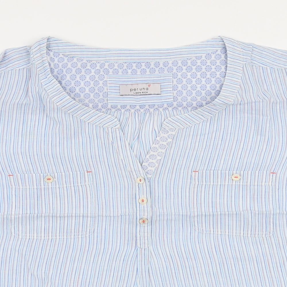 Per Una Womens Blue Striped Polyester Basic Blouse Size M V-Neck