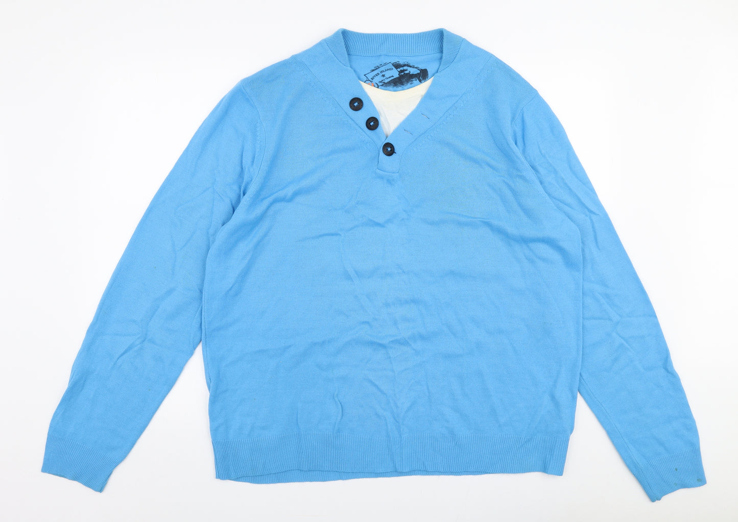 River Island Mens Blue V-Neck  Acrylic Pullover Jumper Size XL