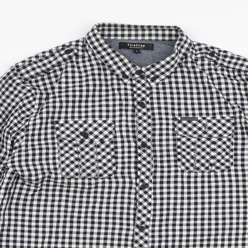 Firetrap Mens Blue Check Cotton  Button-Up Size L Collared Button