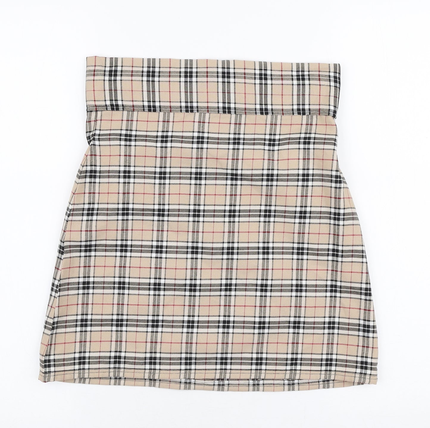 Preworn Womens Beige Plaid Polyester A-Line Skirt Size 28 in   Zip