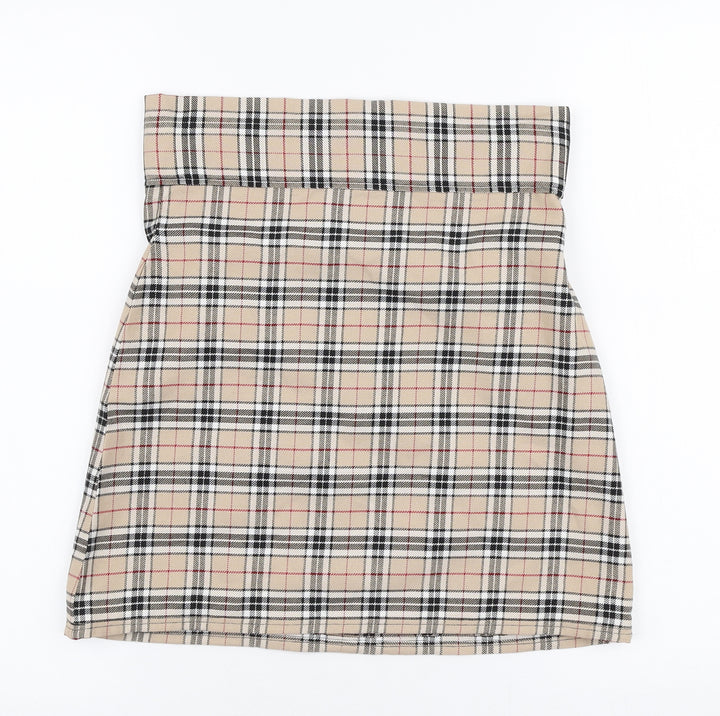 Preworn Womens Beige Plaid Polyester A-Line Skirt Size 28 in Zip