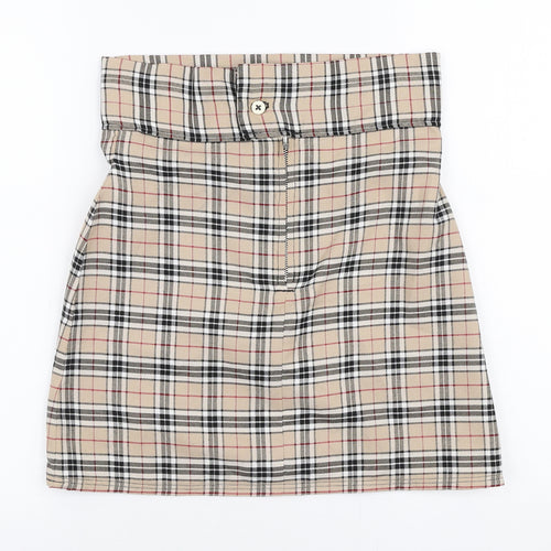 Preworn Womens Beige Plaid Polyester A-Line Skirt Size 28 in   Zip