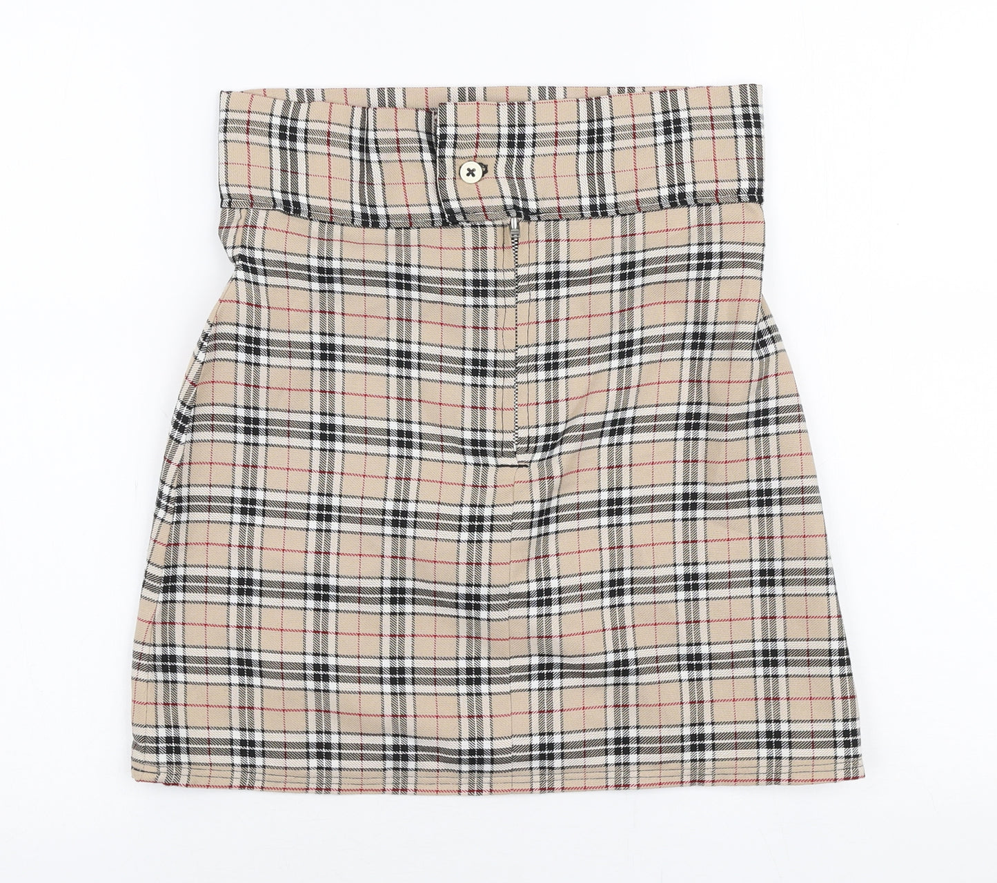 Preworn Womens Beige Plaid Polyester A-Line Skirt Size 28 in   Zip
