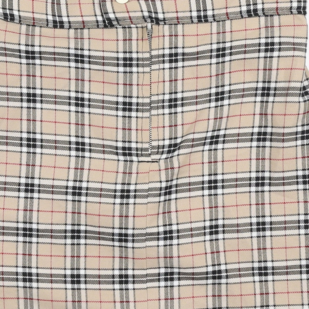Preworn Womens Beige Plaid Polyester A-Line Skirt Size 28 in   Zip
