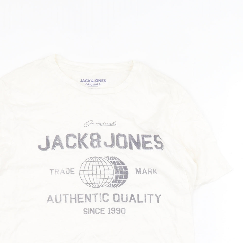 JACK & JONES Mens White  Cotton  T-Shirt Size M Round Neck