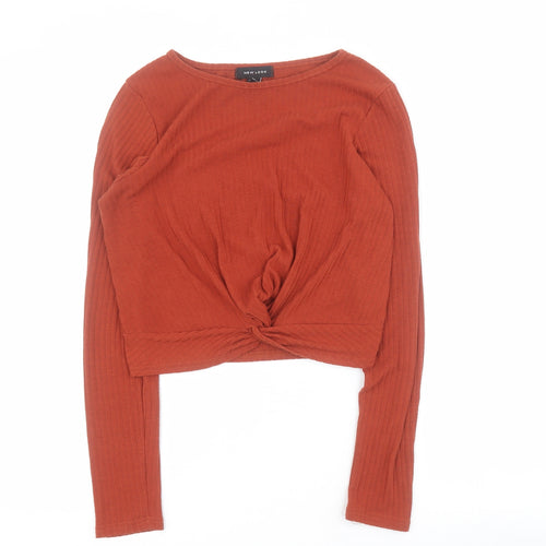 New Look Womens Orange  Polyester Cropped T-Shirt Size 8 Round Neck - Ribbed