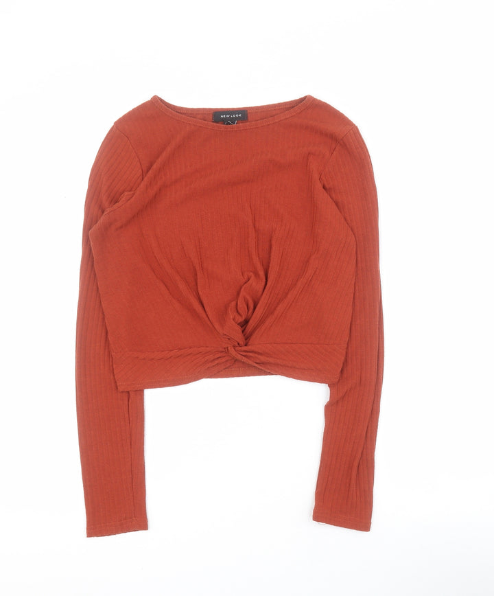 New Look Womens Orange Polyester Cropped T-Shirt Size 8 Round Neck - Ribbed