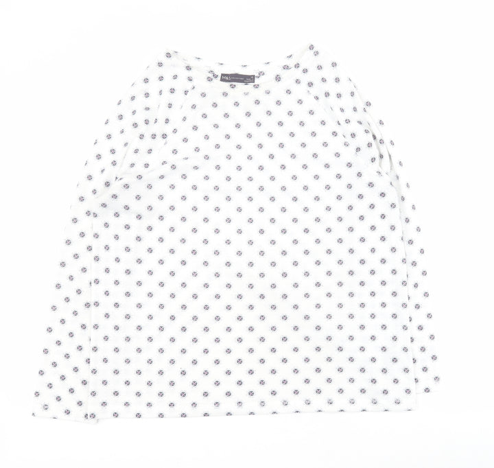 Marks and Spencer Womens White Geometric Polyester Basic Polo Size 14 Round Neck