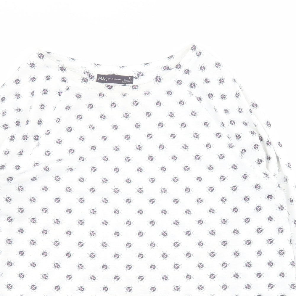 Marks and Spencer Womens White Geometric Polyester Basic Polo Size 14 Round Neck