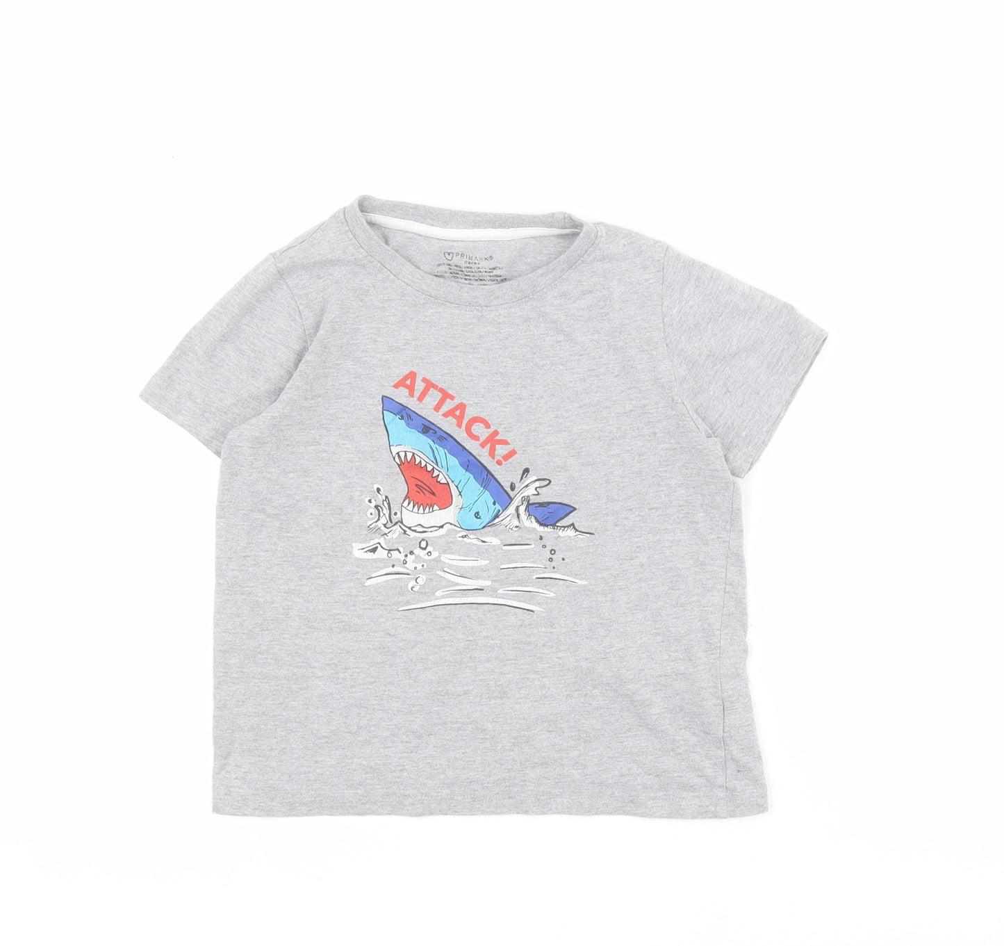 Primark Boys Grey  Cotton Pullover T-Shirt Size 5-6 Years Crew Neck Pullover - Shark