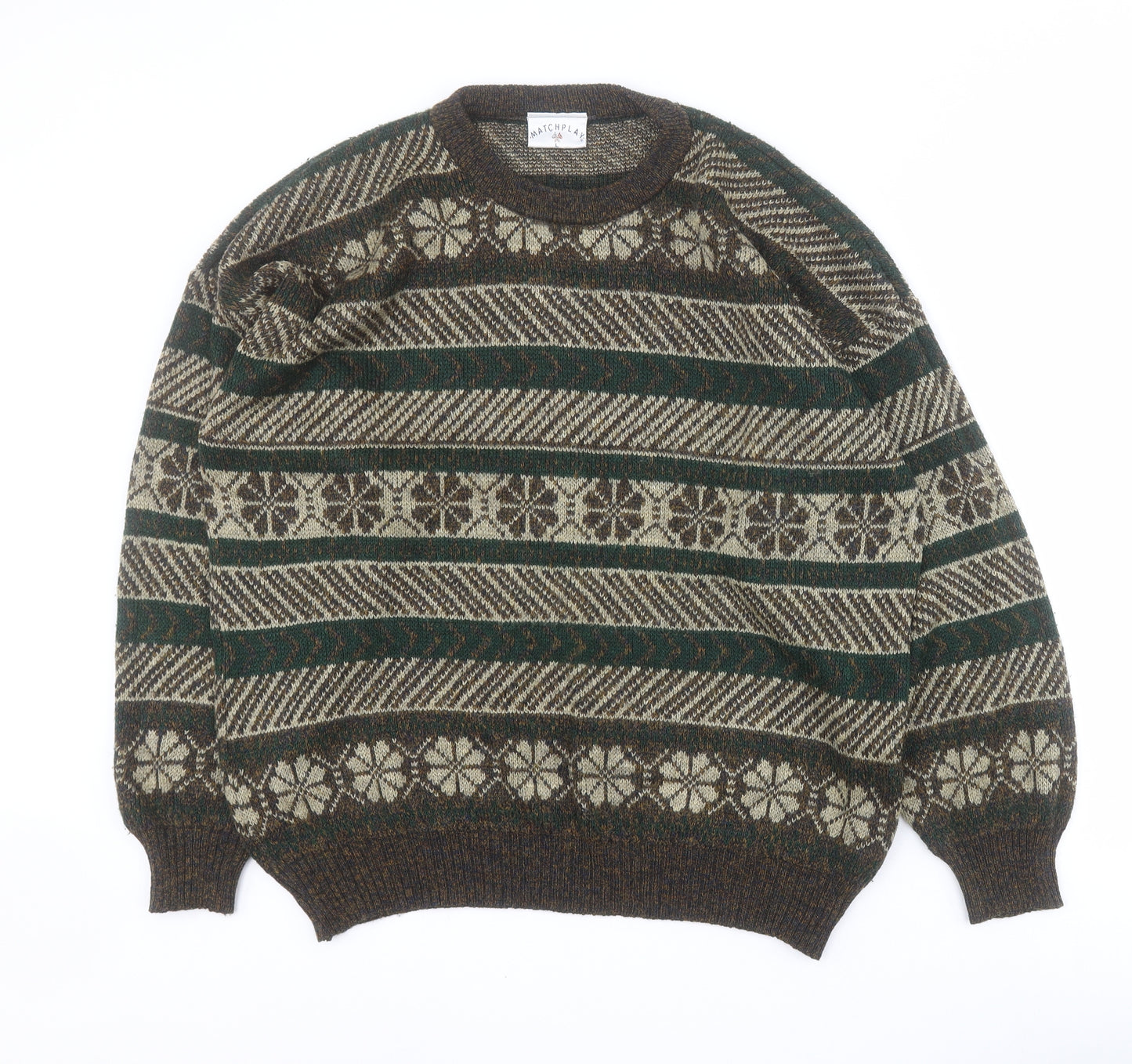 Matchday Mens Brown Crew Neck Striped Cotton Pullover Jumper Size L