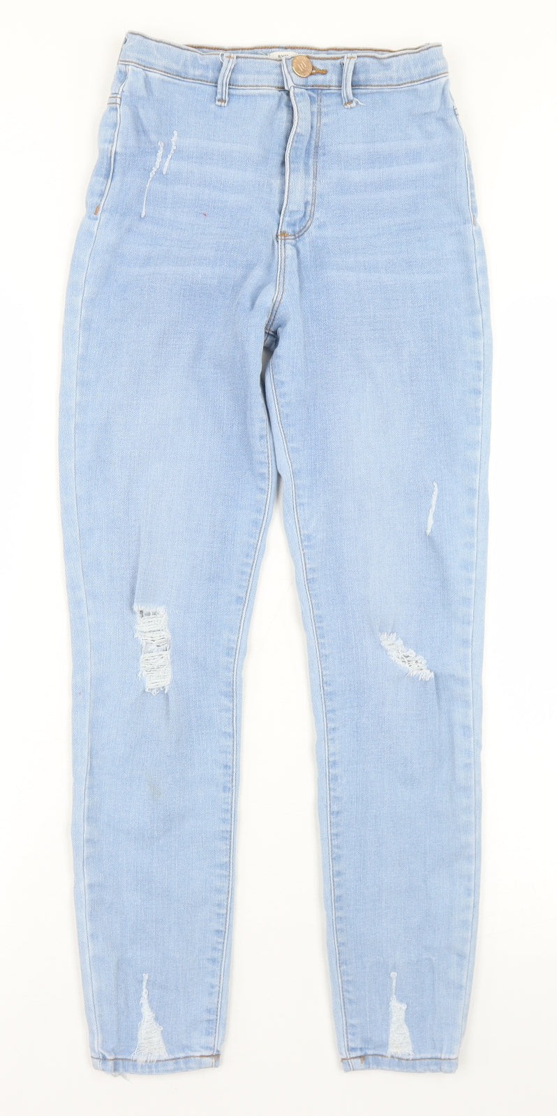 River Island Girls Blue  Cotton Skinny Jeans Size 11 Years  Regular Button - Distressed