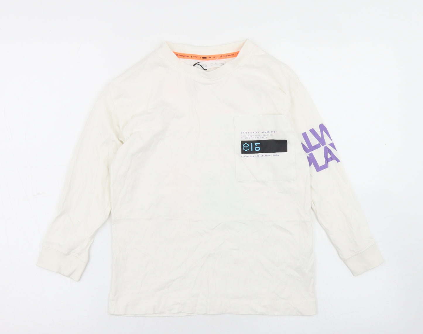 Zara Boys White  Cotton Basic T-Shirt Size 8 Years Crew Neck