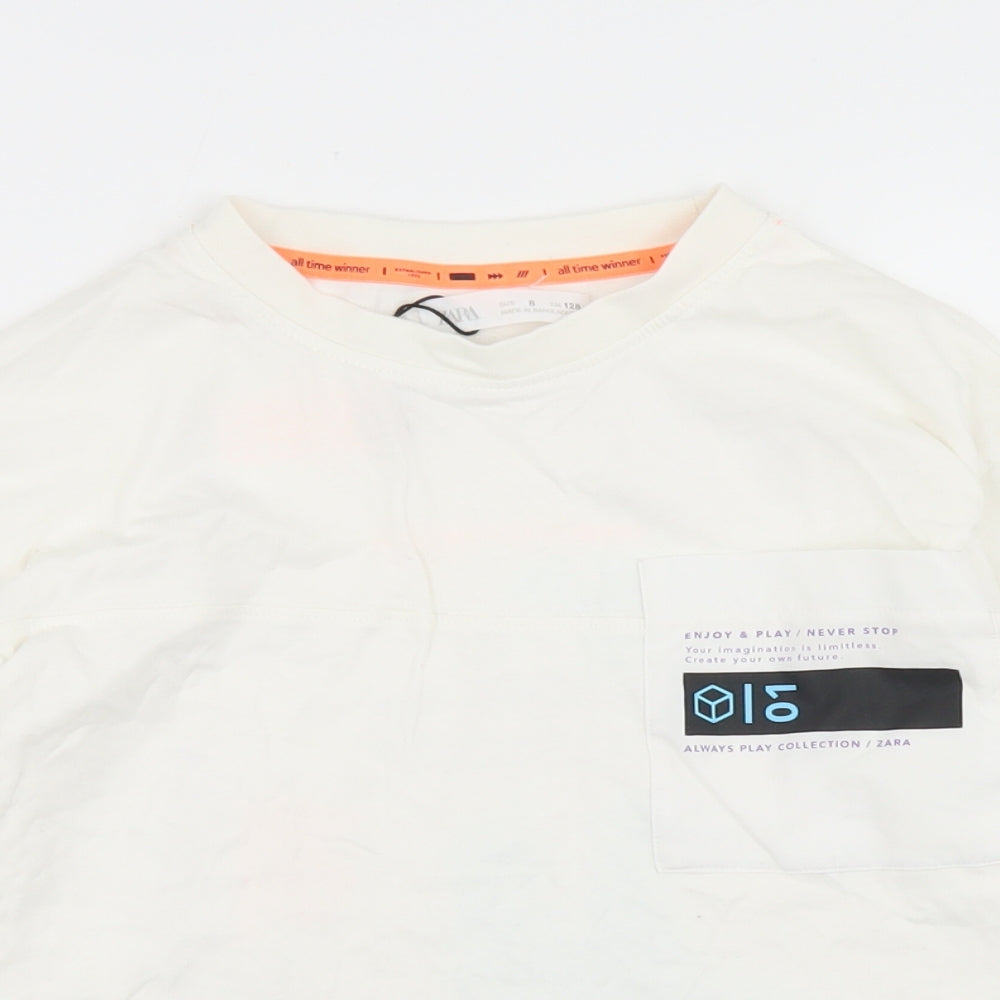 Zara Boys White  Cotton Basic T-Shirt Size 8 Years Crew Neck