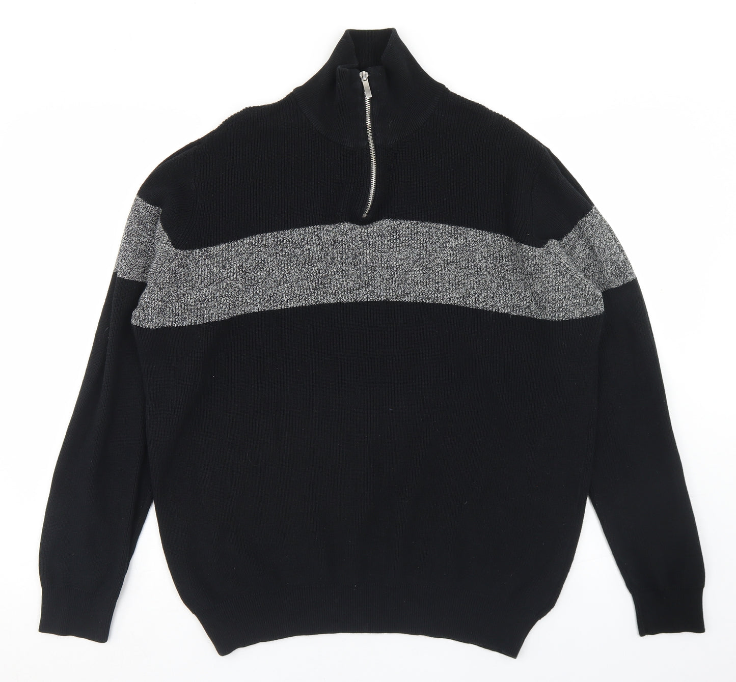 F&F Mens Black Mock Neck Striped Cotton Pullover Jumper Size L