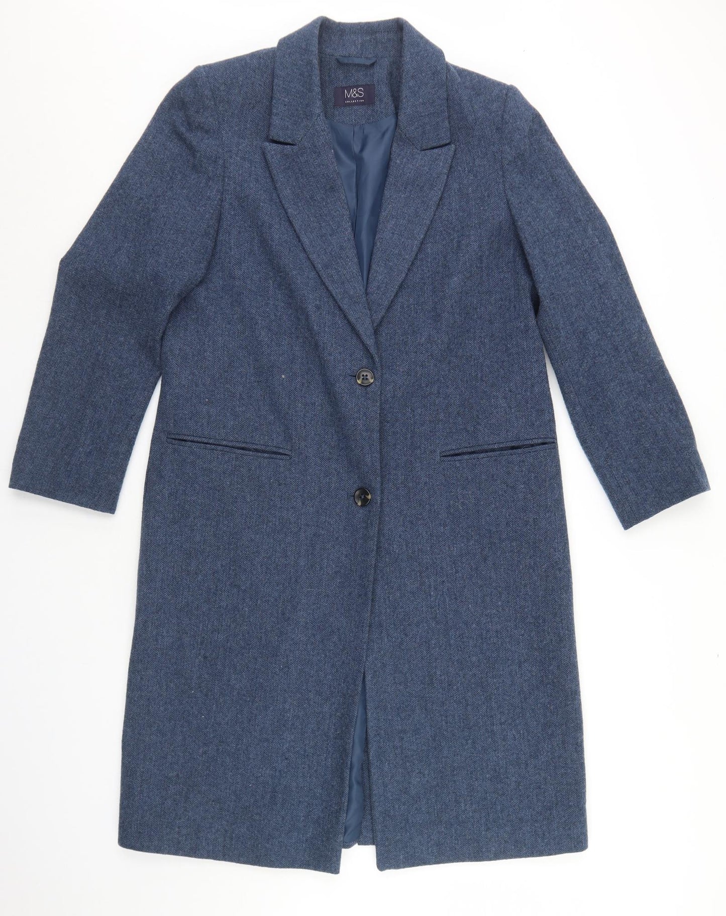 Marks and Spencer Womens Blue Herringbone  Overcoat Coat Size 12  Button