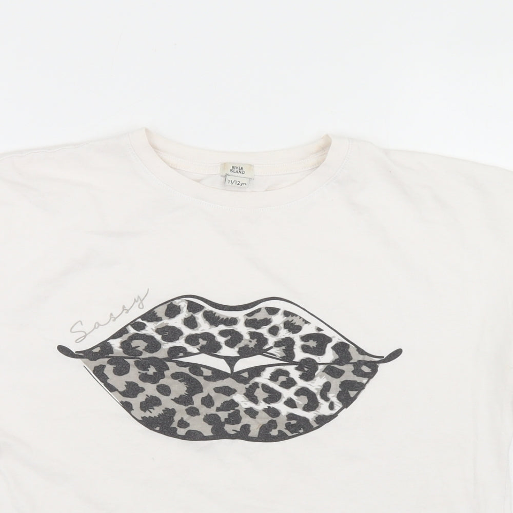 River Island Girls White  Cotton Basic T-Shirt Size 11-12 Years Crew Neck  - Sassy Lips