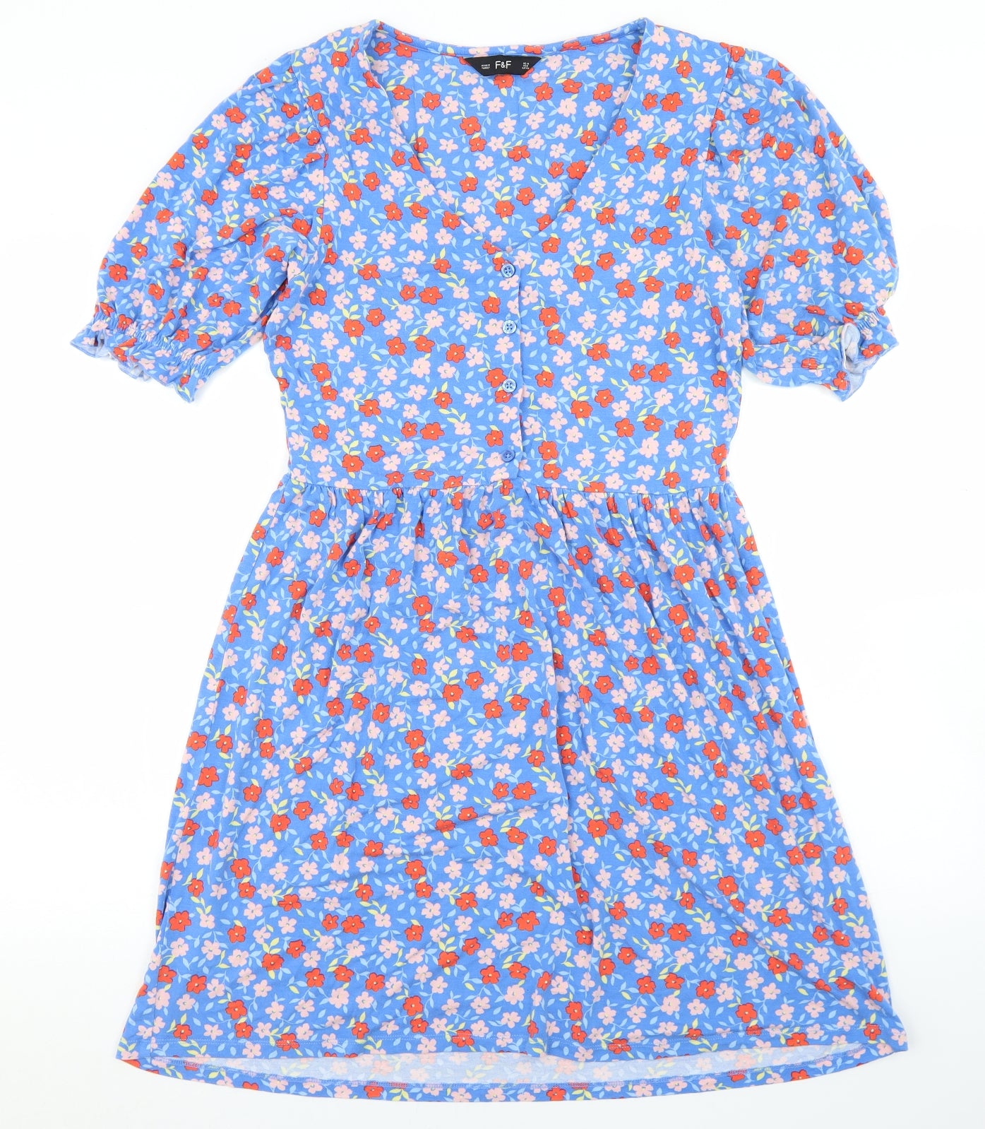 F&F Womens Blue Floral Viscose Skater Dress  Size 12  V-Neck