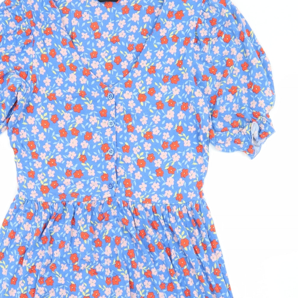 F&F Womens Blue Floral Viscose Skater Dress  Size 12  V-Neck