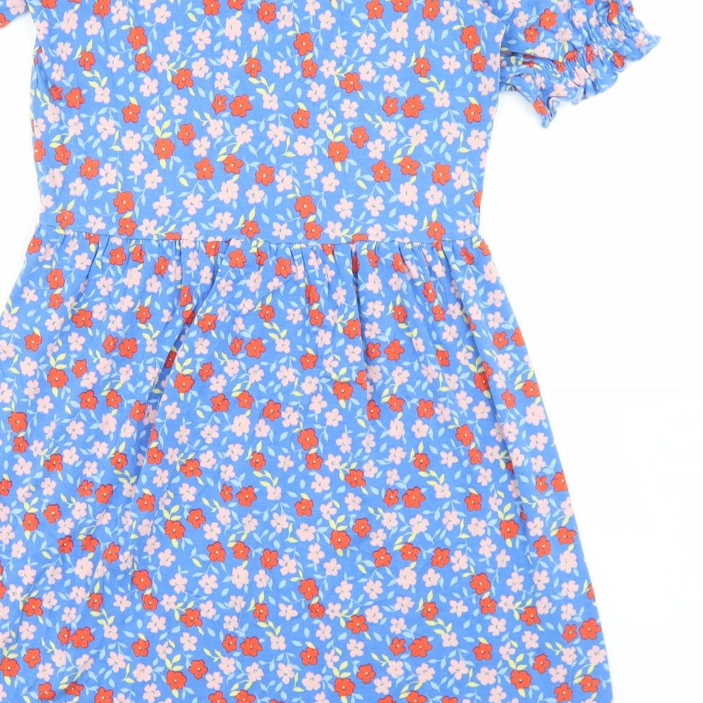 F&F Womens Blue Floral Viscose Skater Dress  Size 12  V-Neck