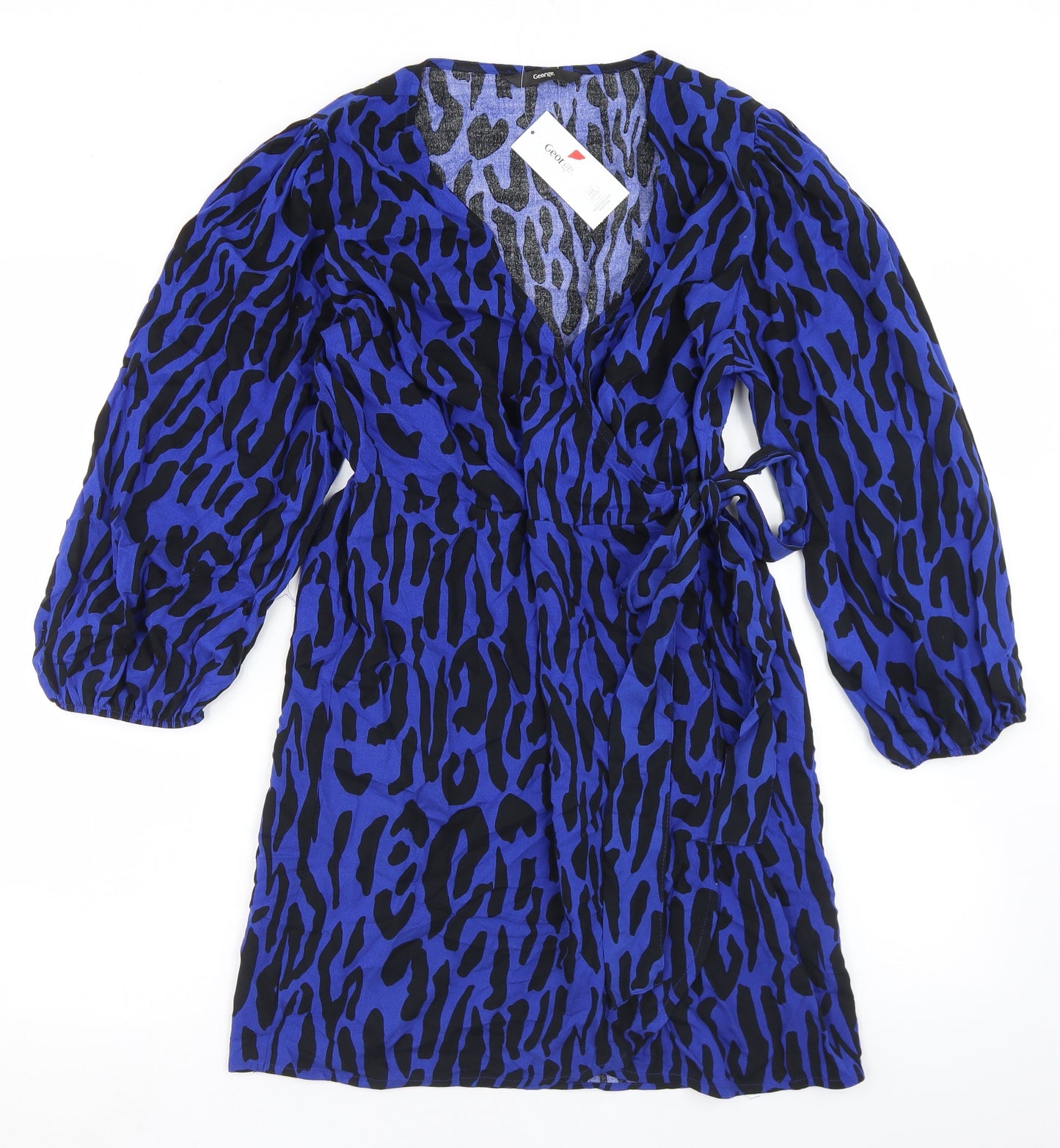George Womens Blue Animal Print Viscose Wrap Dress  Size 12  V-Neck Tie