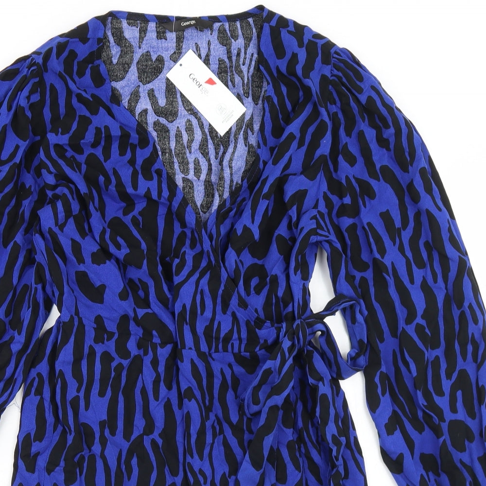 George Womens Blue Animal Print Viscose Wrap Dress  Size 12  V-Neck Tie