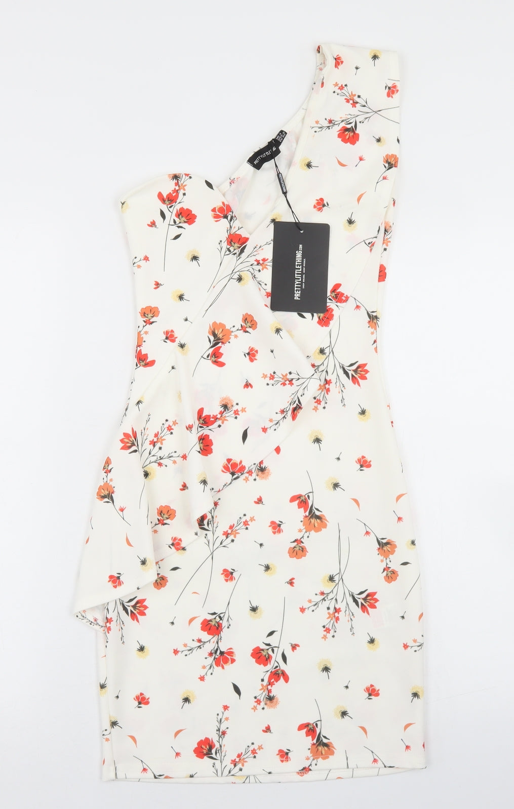 PRETTYLITTLETHING Womens White Floral Polyester Bodycon  Size 4  One Shoulder