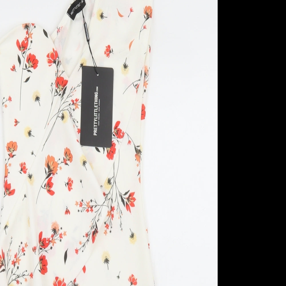 PRETTYLITTLETHING Womens White Floral Polyester Bodycon  Size 4  One Shoulder