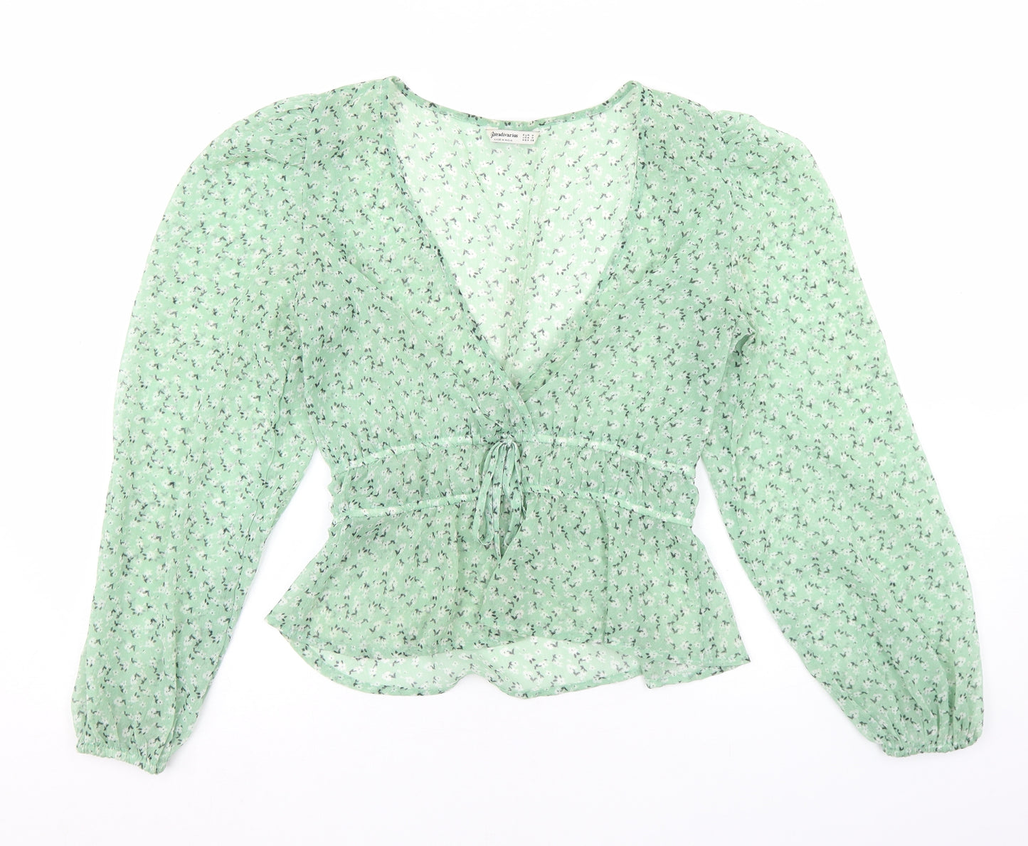 Stradivarius Womens Green Floral Polyester Cropped Blouse Size M V-Neck