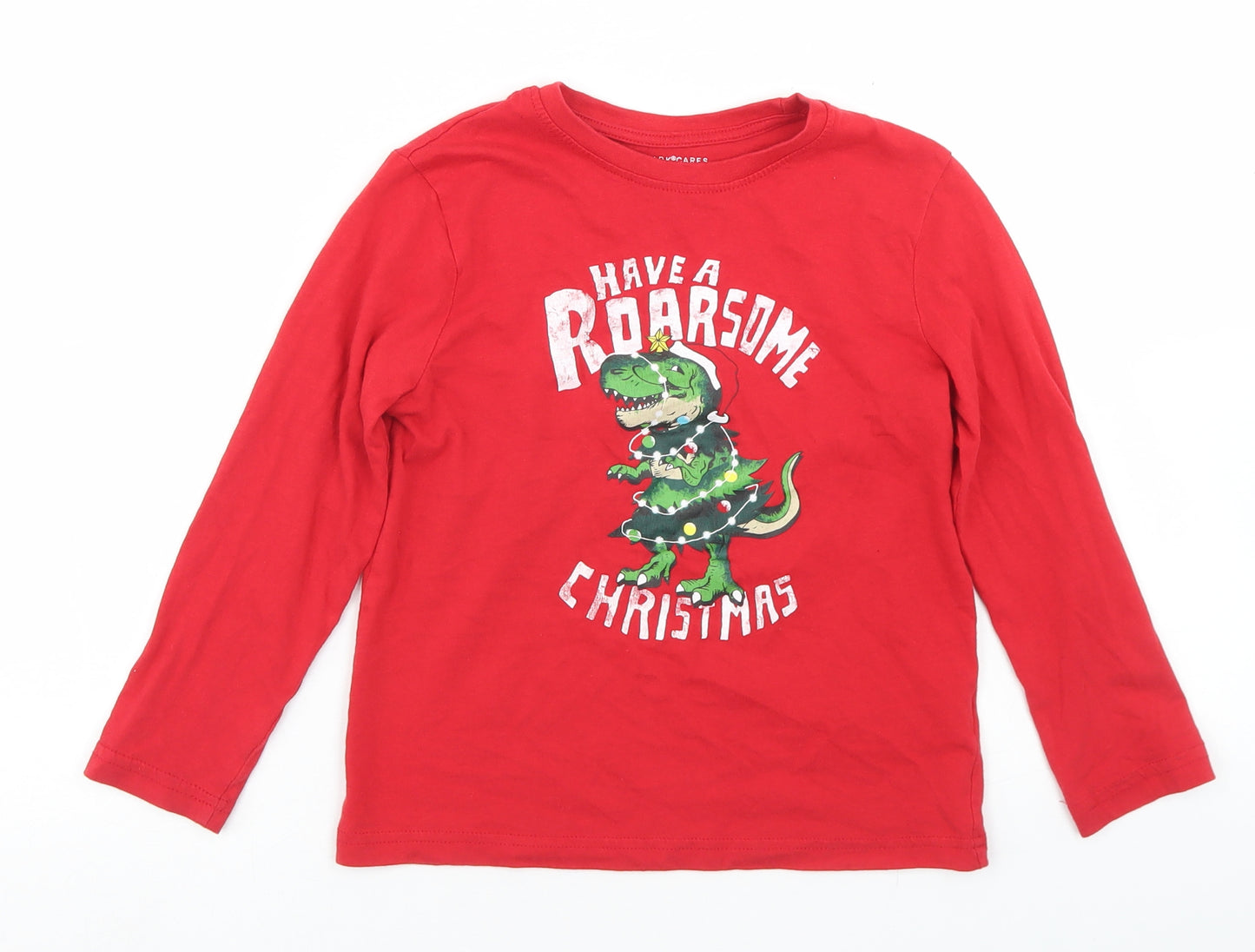Priamrk Boys Red  Cotton Basic T-Shirt Size 6-7 Years Crew Neck  - Christmas Dinosaur