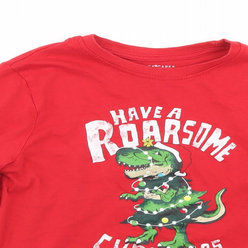 Priamrk Boys Red  Cotton Basic T-Shirt Size 6-7 Years Crew Neck  - Christmas Dinosaur