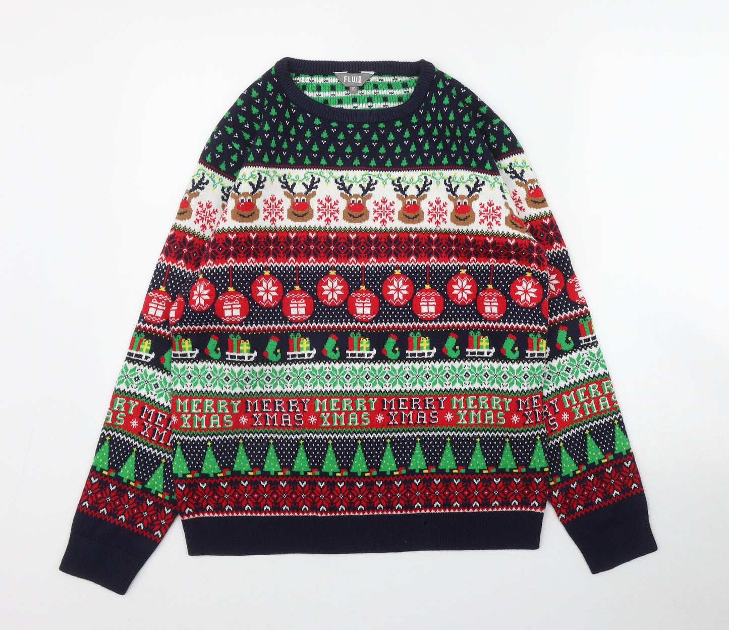 Fluid Womens Multicoloured Round Neck Fair Isle Acrylic Pullover Jumper Size 10   - Christmas