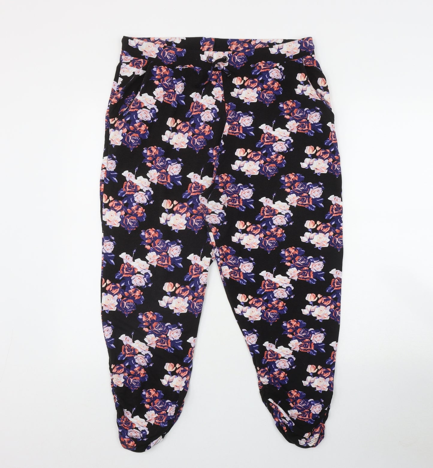 Peacocks Womens Black Floral Viscose Trousers  Size 16 L27 in Regular Drawstring