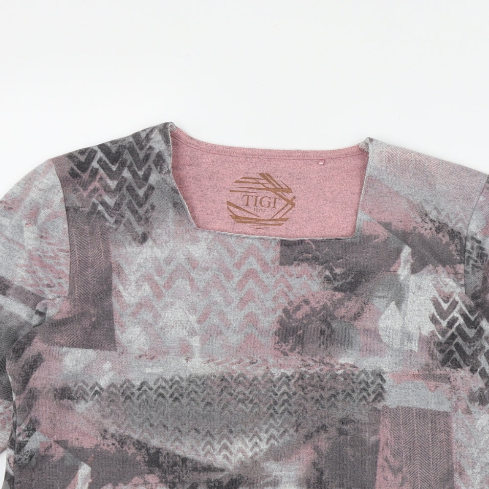 Tigi Womens Grey Geometric Polyester Basic T-Shirt Size 12 Square Neck