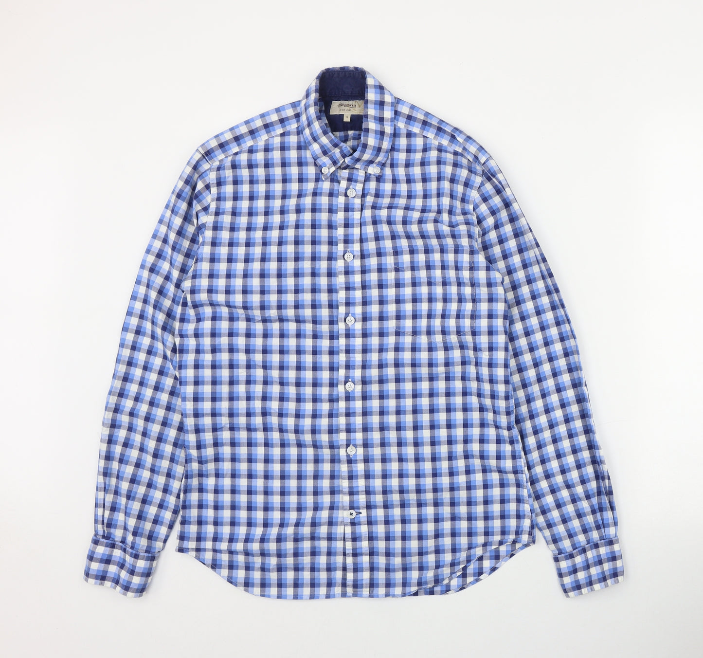 T.M.Lewin Mens Blue Plaid Cotton  Button-Up Size S Collared Button