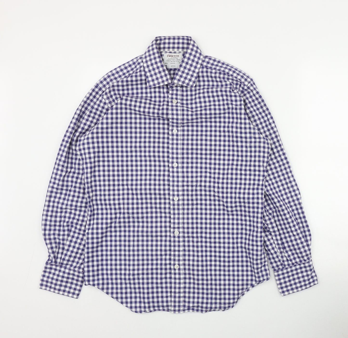 T.M.Lewin Mens Blue Plaid Cotton  Button-Up Size S Collared Button