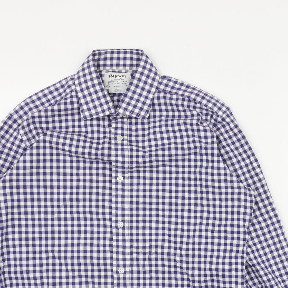 T.M.Lewin Mens Blue Plaid Cotton  Button-Up Size S Collared Button