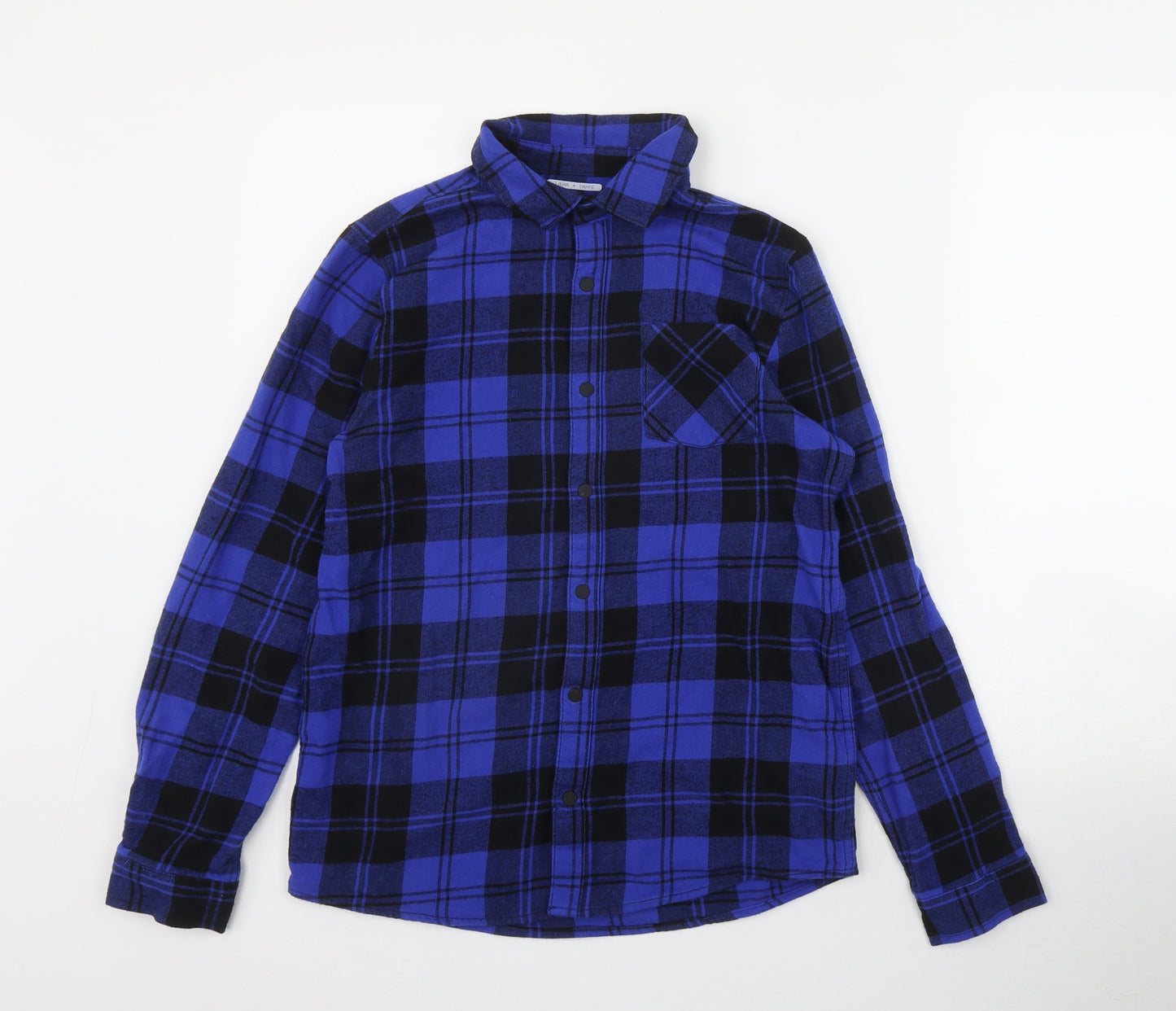 F&F Boys Blue Plaid Cotton Basic Button-Up Size 13-14 Years Collared Snap