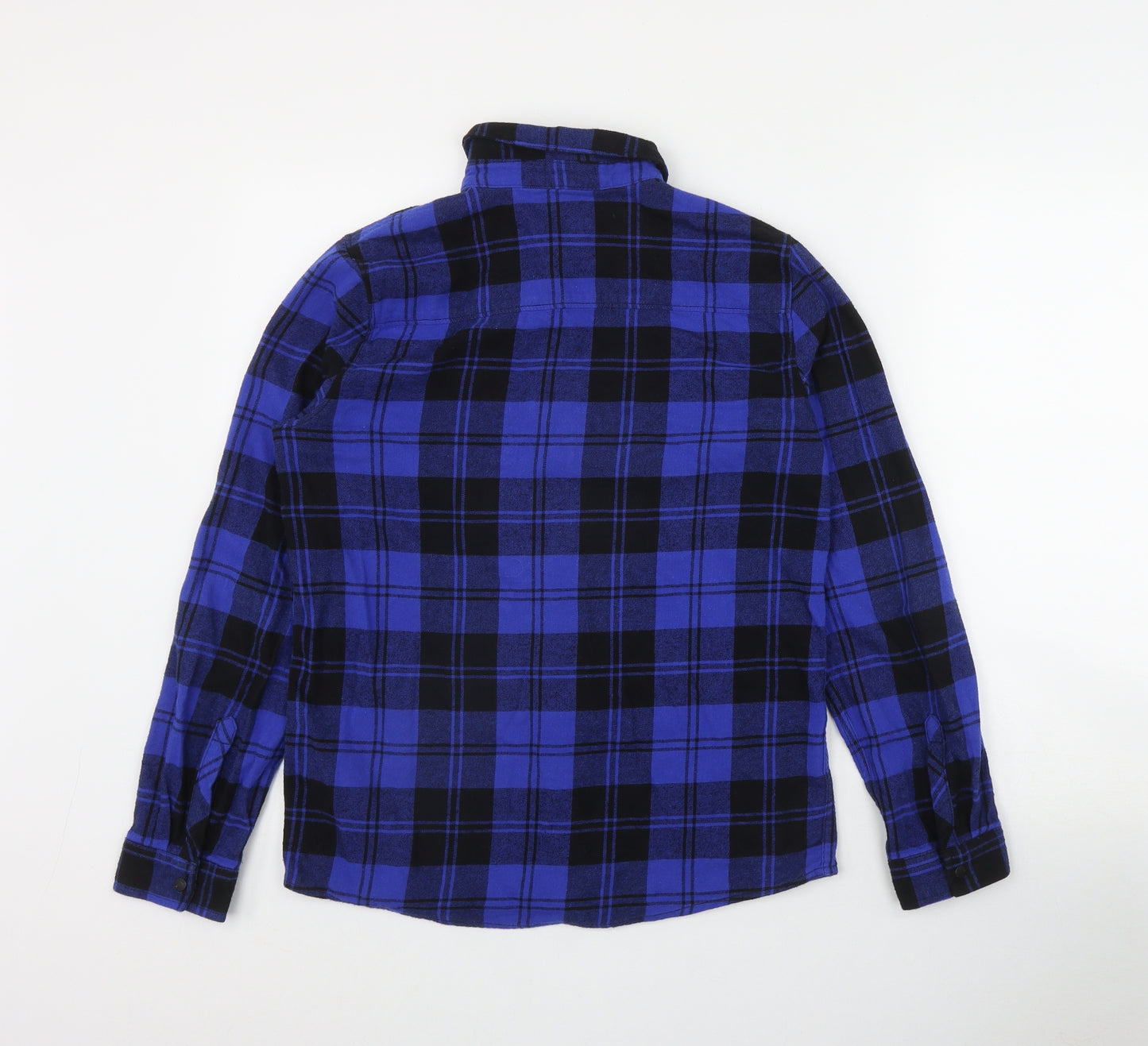 F&F Boys Blue Plaid Cotton Basic Button-Up Size 13-14 Years Collared Snap