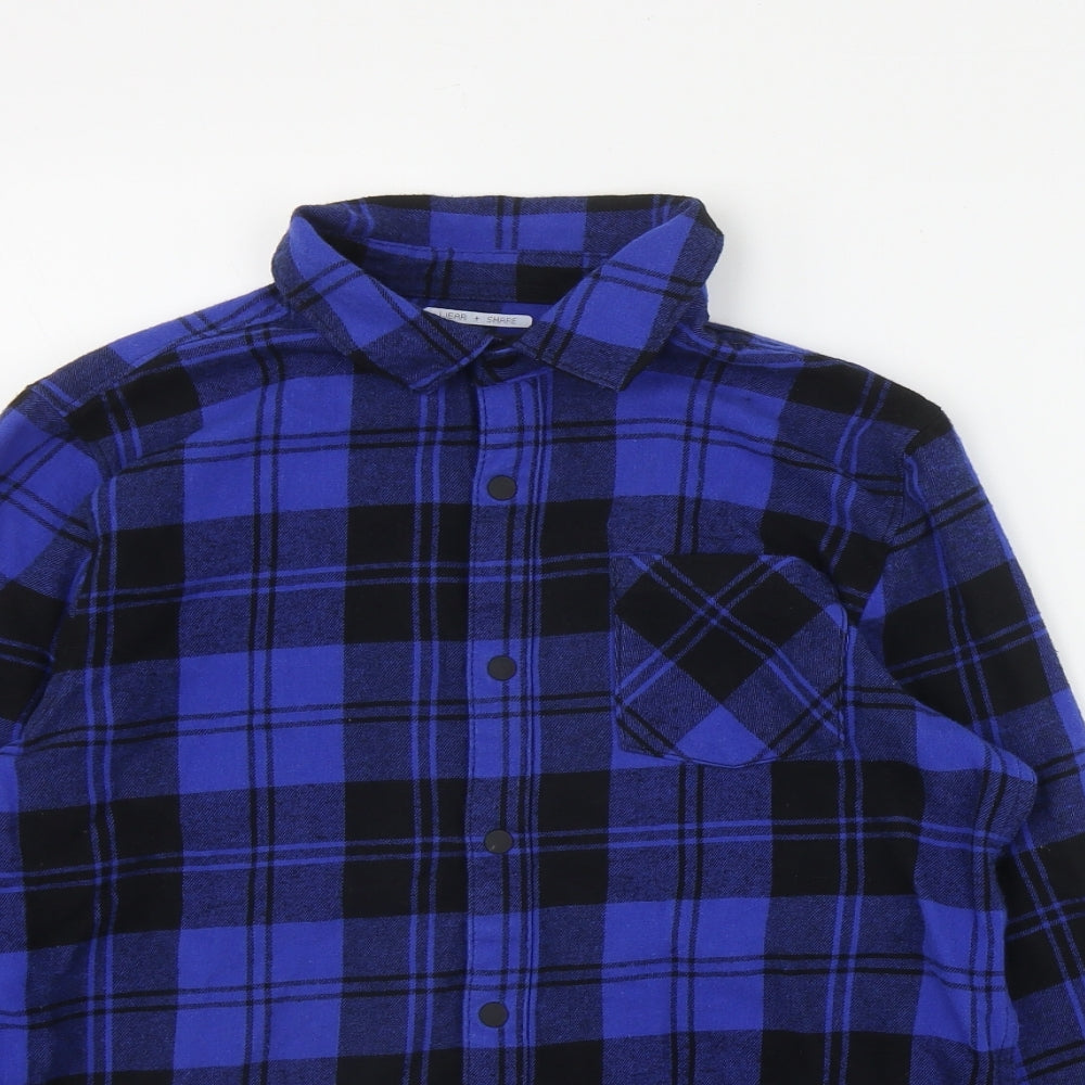 F&F Boys Blue Plaid Cotton Basic Button-Up Size 13-14 Years Collared Snap