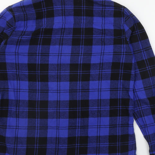 F&F Boys Blue Plaid Cotton Basic Button-Up Size 13-14 Years Collared Snap