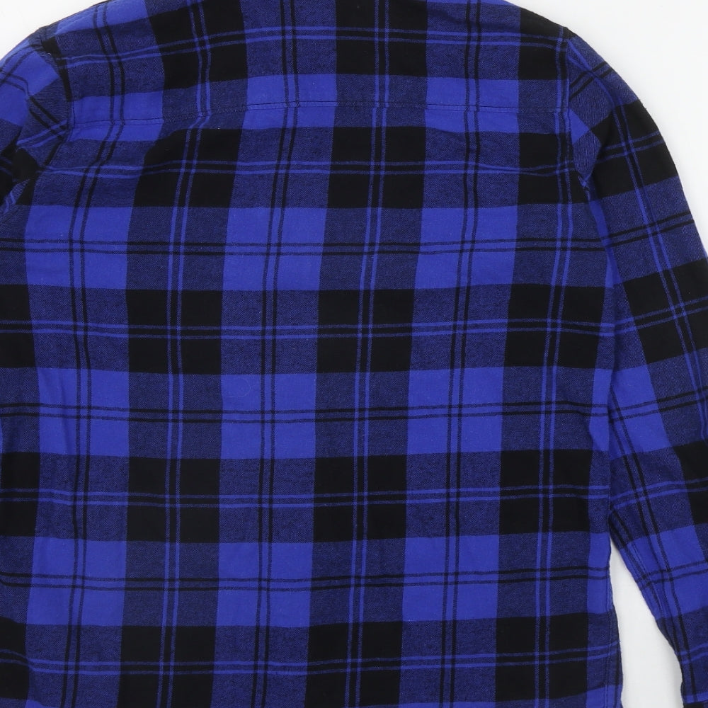 F&F Boys Blue Plaid Cotton Basic Button-Up Size 13-14 Years Collared Snap
