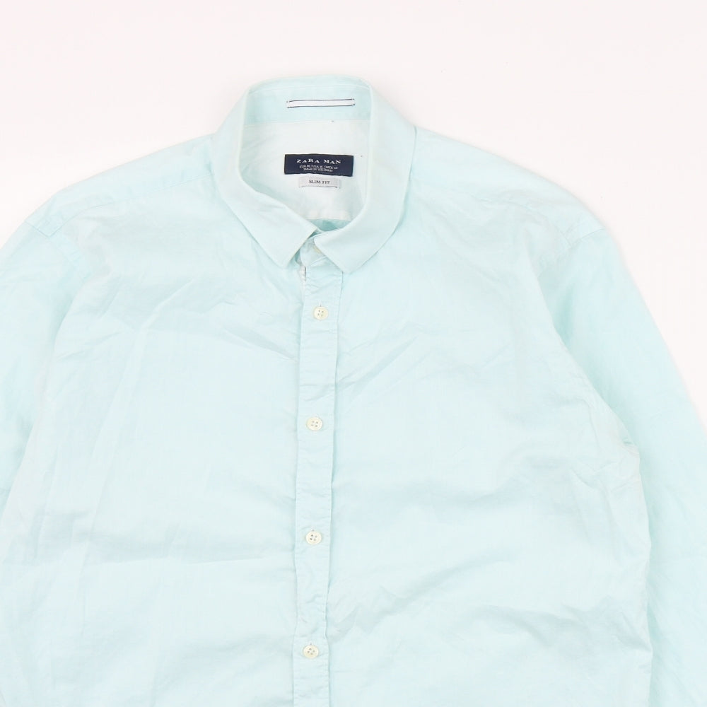 Zara Mens Blue  Cotton  Button-Up Size M Collared Button